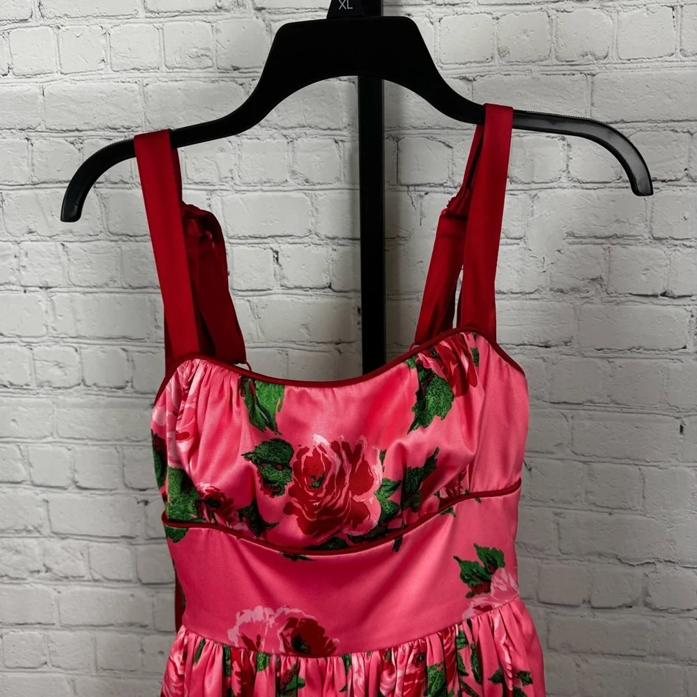 Vixen by Micheline Pitt Pink Floral Fit-and-Flare Dress with Red Straps - Picture 8 of 10